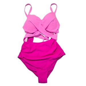 One Piece Swimsuit Women XXL Pink Colorblock Padded Tie-back Barbiecore Cutout
